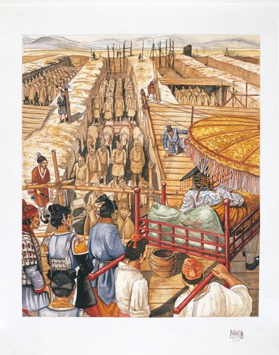 秦始皇帝陵的建筑，公元前3世纪（彩色石印）。 作者 学校意大利语