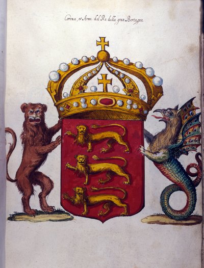 Coat of arms of the British royal family decorates a crown, a lion “””””” and a fantastic creature. State Archive, Milan 作者 学校意大利语