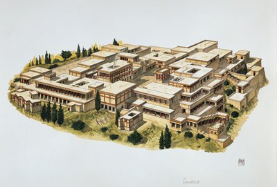 克诺索斯宫的重建，克里特岛，公元前20世纪（彩色平印）。 作者 学校意大利语