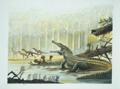 三叠纪时期的Rutiodon和背景中的Fabrosaurus（彩色平印）。 作者 学校意大利语