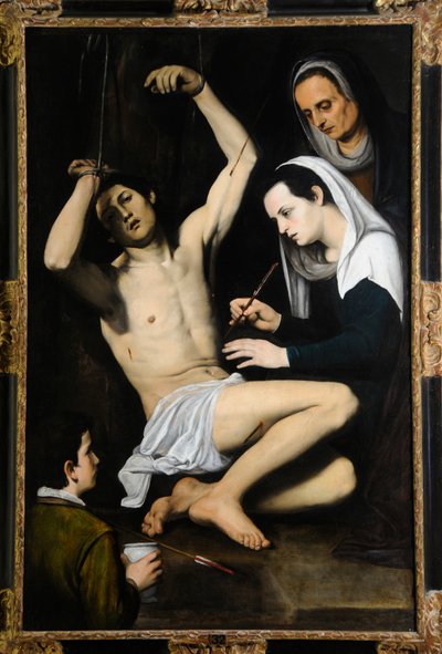圣塞巴斯蒂安（St Sebastian）被圣女们抚弄，约1590年至1650年（布面油画） 作者 学校意大利语