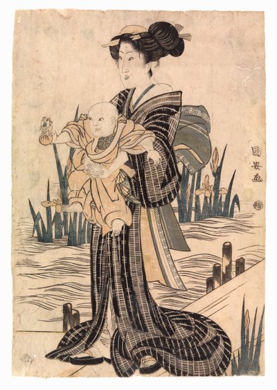 日本妇女抱着孩子（彩色木版画） 作者 学校日语