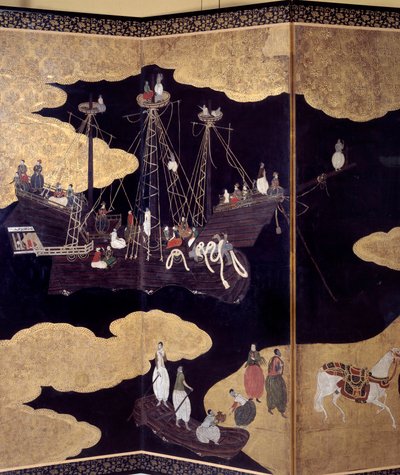 "葡萄牙 "屏风：表现16世纪葡萄牙耶稣会传教士抵达日本的情况。细节。由狩野学校（？）实现。1593-1600.里斯本古代艺术博物馆 作者 日本学校