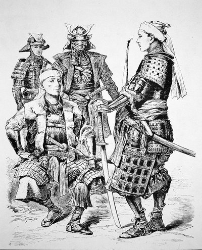 穿着传统服装和盔甲的旧日本武士（石版画） 作者 学校日语
