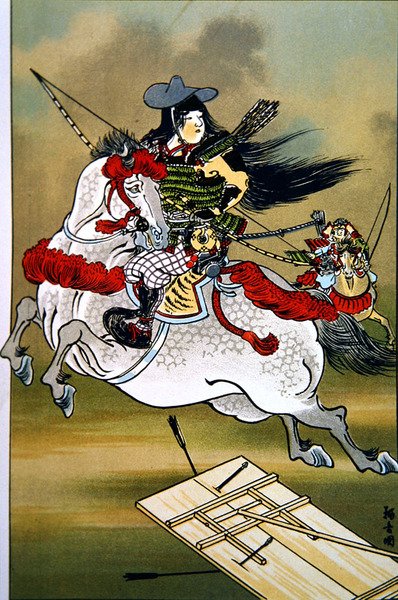 朋江，日本源氏和平氏时期的勇敢的女战士（彩色平版印刷）。 作者 学校日语