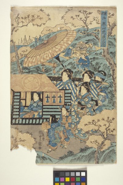 托托：御殿山赏花，3（三联画的一部分）（彩色木刻） 作者 学校日语