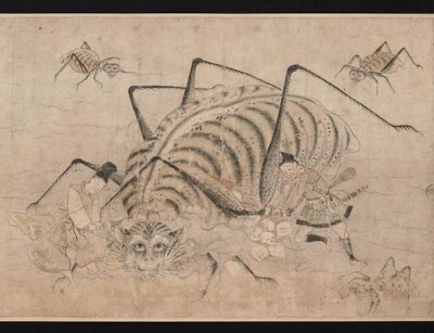 Yorimitsu tue Tsuchigumo（妖怪）（Yoriitsu 杀死土居云）卷轴细节 Tsuchigumo no Soshi Emaki - 佚名作品，纸面水彩画 作者 学校日语