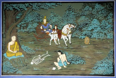 在冥想和骨架中的佛陀。 韩国水原地区永州寺的壁画。 作者 学校韩语