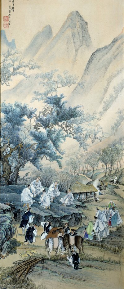 科瑞恩艺术。民间的科瑞恩来自欧洲天主教传教士，他们在19世纪在韩国传教时被镇压致死，而宪兵们则在饮酒。传教士用奥雷尔来代表天主教圣徒。P 作者 学校韩语