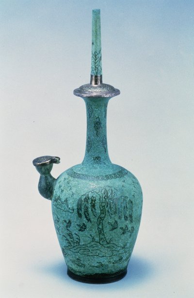 Kundika 镶嵌设计描绘鸟和树的银，高丽王朝，公元 918-1392 年（青铜） 作者 学校韩语