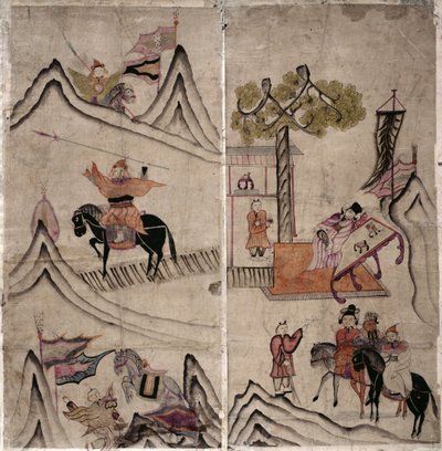描绘 "三国演义 "的八折屏风两幅（纸质天然颜料） 作者 学校韩语