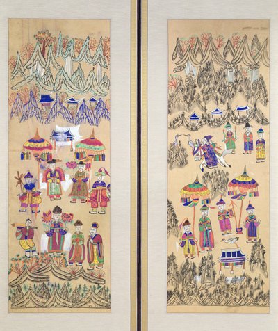 两幅描绘 "萨满教绘画 "的八折屏风（纸面色彩） 作者 学校韩语