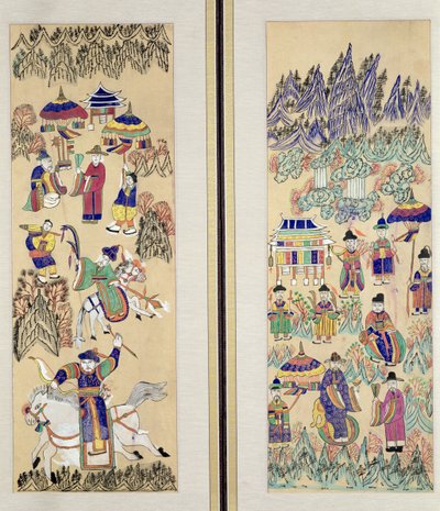 描绘 "萨满教绘画 "的两幅八折屏风（纸质天然颜料） 作者 学校韩语