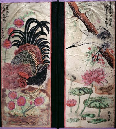 两幅描绘花鸟的八折屏风（纸面天然颜料） 作者 学校韩语