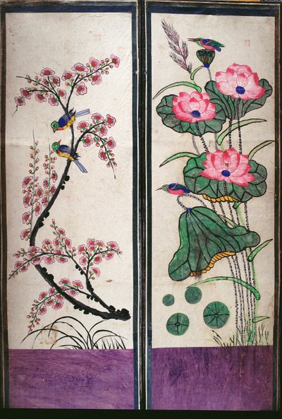 两幅描绘花鸟的八折屏风（纸面天然颜料） 作者 学校韩语