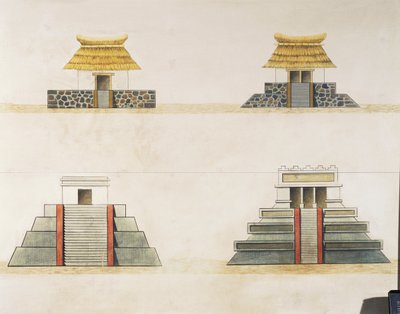 特诺奇蒂特兰（Tenochtitlan）建筑的历史重建（彩色平版印刷）。 作者 墨西哥学校