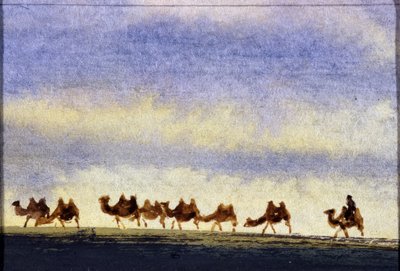 蒙古骆驼群 - 蒙古水彩画 作者 学校蒙古语