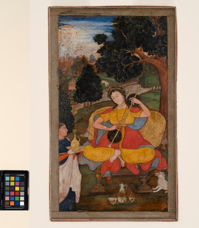 一个坐着的女人在弹琴，一个仆人在旁边伺候着，约1590年（不透明的水彩和金纸）。 作者 莫卧儿学校