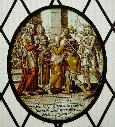 Roundel: Tobias arrives at Ecbatana (stained glass) 作者 学校荷兰语