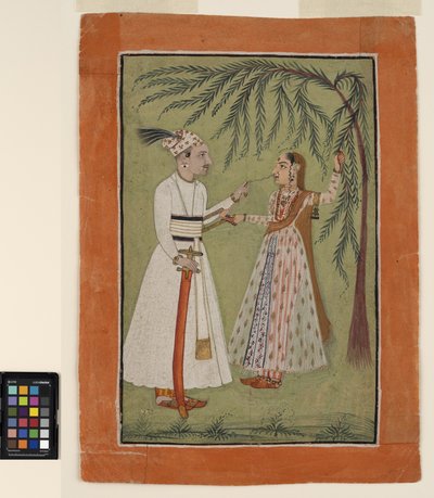 1705年，一把尺子拉着抓住树的女士的头发（不透明的水彩和纸上的金色） 作者 帕哈里学校