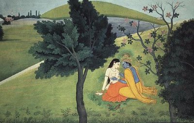 克里希纳装饰拉德哈的胸部，出自 "Gita Govinda "系列，据说是库沙拉或高德，康格拉，喜马偕尔邦，约1780年 作者 帕哈里学校