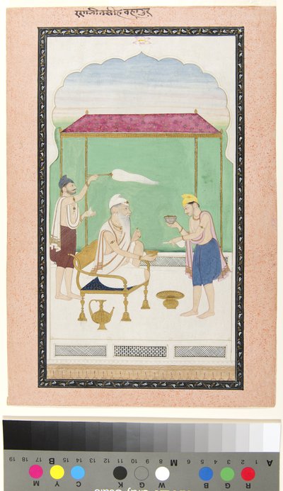 兰吉特·辛格（Ranjit Singh）坐在金椅上，由一名随葬用品的人陪同并于1830年在无线电视上播放（不透明的w - c和纸上的金色） 作者 帕哈里学校