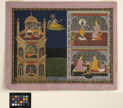 毗湿奴（Vishnu）于1825年左右到达鹰报（Garuda）上的金色塔楼（不透明的水彩和纸上的金色） 作者 帕哈里学校