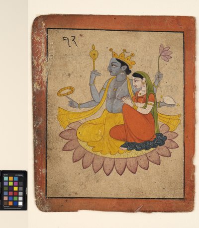 毗湿奴与拉克希米在莲花上，约1780年（纸上的不透明水彩） 作者 帕哈里学校