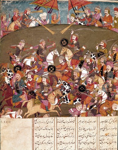 伊斯兰艺术：战斗场景。 来自 Ferdowsi（Firdawsi，或 Ferdawsi，或 Firdousi，约 940 年至 1020 年）的史诗“Shahnameh”（Shah Nama，Shahnama）（国王之书）手稿的波斯缩影。那不勒斯国家图书馆 作者 School Persian