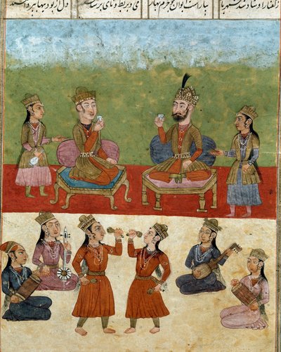 伊斯兰艺术：后宫的音乐会和娱乐。 来自 Ferdowsi（Firdawsi，或 Ferdawsi，或 Firdousi，约 940 年至 1020 年）的史诗“Shahnameh”（Shah Nama，Shahnama）（国王之书）手稿的波斯缩影。那不勒斯国家图书馆 作者 School Persian