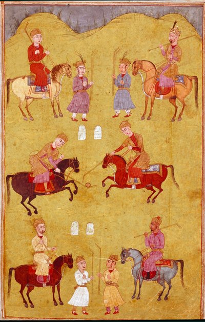 伊斯兰艺术：马球部分。 来自 Ferdowsi（Firdawsi，或 Ferdawsi，或 Firdousi，约 940 年至 1020 年）的史诗“Shahnameh”（Shah Nama，Shahnama）（国王之书）手稿的波斯缩影。那不勒斯国家图书馆 作者 学校波斯语