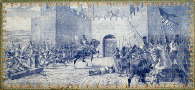 Gil Paes（14世纪）的传说，Torres Nova（葡萄牙）的上尉将军--在1372年卡斯蒂利亚人的入侵中，Gil Paes的儿子被西班牙人抓住，在围攻城堡的门前被杀死，拒绝投降。 作者 葡萄牙语学校