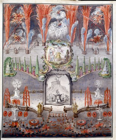 1747 年 9 月 17 日在戈斯蒂利奇（俄罗斯）的焰火和照明。佚名作品，水彩上色铜版画，18 世纪中期。俄罗斯艺术 作者 学校俄语