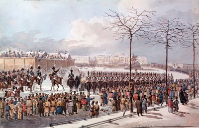 1825年，尼古拉一世未来的十二月党人（Decabrists）起义，以获得一部新宪法。1830年的雕版画。圣彼得堡。冬宫图书馆 作者 学校俄语