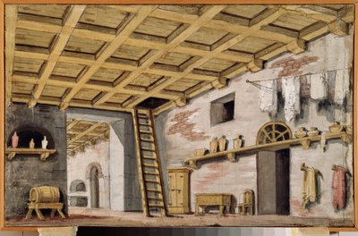 厨房戏剧的准备装饰。俄罗斯大师的作品，约 1790 年，帆布蛋彩画。18 世纪俄罗斯场景艺术。莫斯科奥斯坦金诺博物馆宫。 作者 学校俄语
