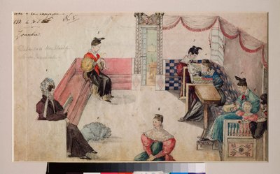 庄园里的迪旺房间（妇女和孩子们聚集在一个由沙发围成的房间里，阅读或缝纫）。俄罗斯大师的作品，纸上水彩画 作者 学校俄语