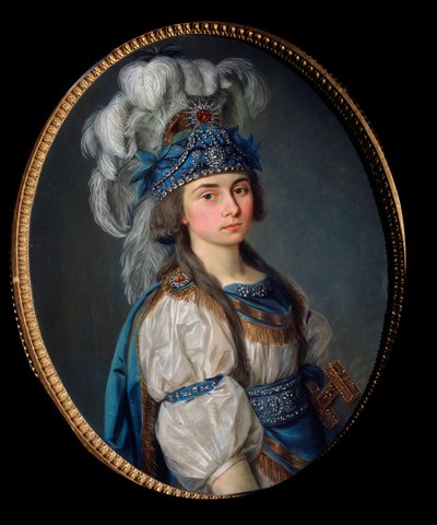 女演员兼歌手普拉斯科维娅-热姆楚戈娃（1768-1803 年），在安德烈-欧内斯特-莫德斯特-格雷特里（1741-1813 年）的歌剧《萨姆尼特婚礼》中饰演伊莲娜。俄罗斯大师的画作，布面油画，1780 年末。俄罗斯场景艺术 作者 学校俄语