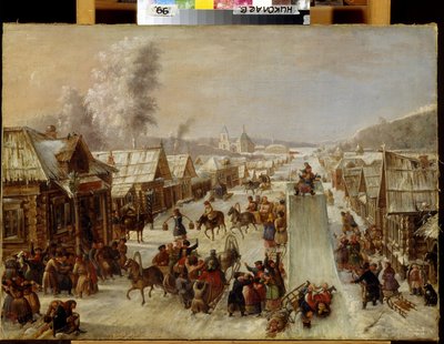 狂欢节（Shrovetide）。在一个木屋小镇白雪皑皑的街道上，呈现出一派传统节日和民众狂欢的景象。街道上设置了雪橇滑道，居民们欢快地饮酒打招呼。匿名画作、 作者 学校俄语