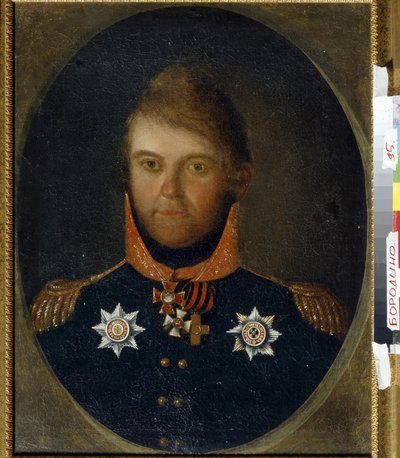 德米特里-彼得洛维奇-内瓦夫斯基（Dmitry Petrovich Neverovsky，1771-1813 年）的肖像。作为一名俄罗斯军官，他身着军装，佩戴着荣誉勋章，包括圣乔治十字勋章（白色十字，橙色和黑色绶带）、圣弗拉基米尔勋章（红色十字，黑色绶带）和圣十字勋章。 作者 学校俄语