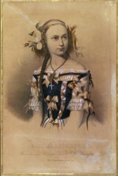 俄罗斯芭蕾舞女演员 Elena Andreyanova (Andrianova)（1819-1857 年）的肖像。(芭蕾舞演员 Elena Andreyanova）。俄罗斯艺术家创作的彩色石版画 作者 学校俄语