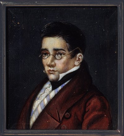 剧作家亚历山大-谢尔盖耶维奇-格里博耶多夫（Alexander S. Griboyedov）（1795-1829 年）的肖像。俄罗斯大师的作品，牛角上的水彩和水粉画，约创作于 1820 年。俄罗斯艺术 作者 学校俄语