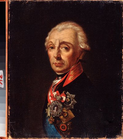 亚历山大-苏沃洛夫亲王（1729-1800 年）的肖像。俄罗斯绘画大师的作品，布面油画，18 世纪晚期。远东艺术博物馆，哈巴罗夫斯克（俄罗斯）。 作者 学校俄语