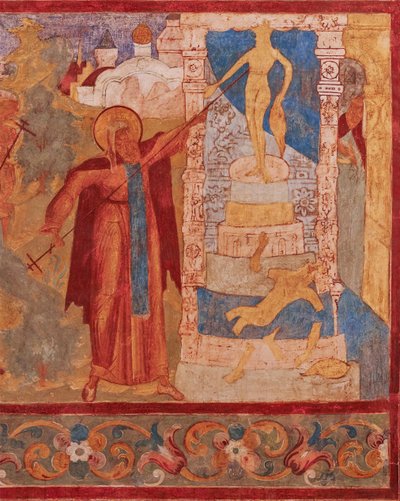 Saint Abraham de Rostov (mort en 1074 ou 1077) detruit les idles de Veles - 罗斯托夫的亚伯拉罕摧毁了 Veles 的雕像。 罗斯托夫克里姆林宫使徒圣约翰教堂的壁画 — 古代俄罗斯壁画。 壁画 作者 学校俄语