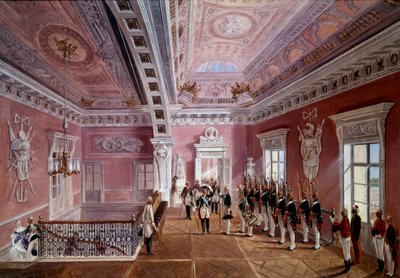 Take up the guard in the upper vestibule of Pavlosk Castle in the presence of Paul I lifting his hat. Painting by Schwartz (19th century) Ec. Rus. 作者 学校俄语