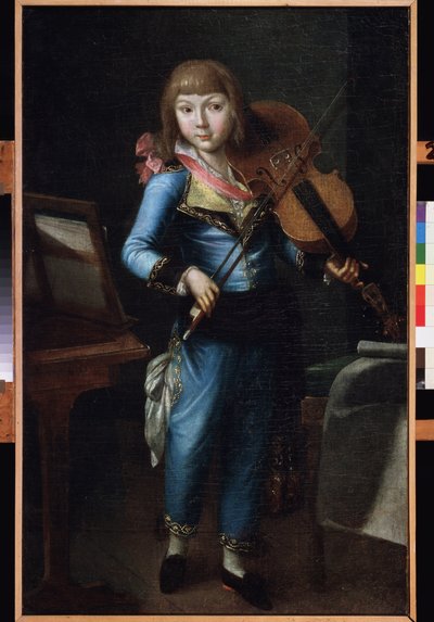 身着蓝色服装的年轻小提琴手。俄罗斯大师的画作，布面油画，约 1790 年。18 世纪俄罗斯艺术。莫斯科奥斯坦金诺宫廷剧院博物馆。 作者 学校俄语