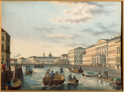 圣彼得堡丰坦卡河景观。佚名作品，石版画，水彩上色，约 1820 年。俄罗斯艺术 作者 学校俄语