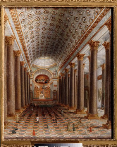 圣彼得堡喀山大教堂内景。俄罗斯绘画大师的作品，布面油画，19 世纪早期。俄罗斯艺术。莫斯科国立特列季亚科夫美术馆。 作者 学校俄语