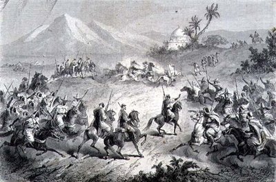 一次冒险，旅行者被强盗袭击，《重返世界》的插图（雕刻）。 作者 学校西班牙语