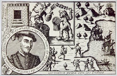 1518 年 5 月，胡安·德·格里哈尔瓦 (Juan de Grijalva) 领导下的西班牙人在尤卡坦登陆，并在尚波顿战役中与玛雅战士交战（石版画） 作者 学校西班牙语