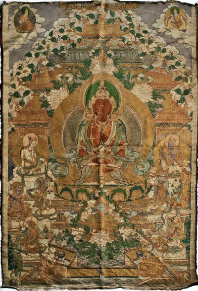 Amitabha (bouddha de la terre pure) - Peinture tibetaine, pigments et or sur tissu, fin du 19eme siecle, 74x51 cm - (Amitayus Buddha Thangka, Tibetan culture, Pigments and gold on textile, End of 19e cen) - 私人收藏 作者 藏族学校